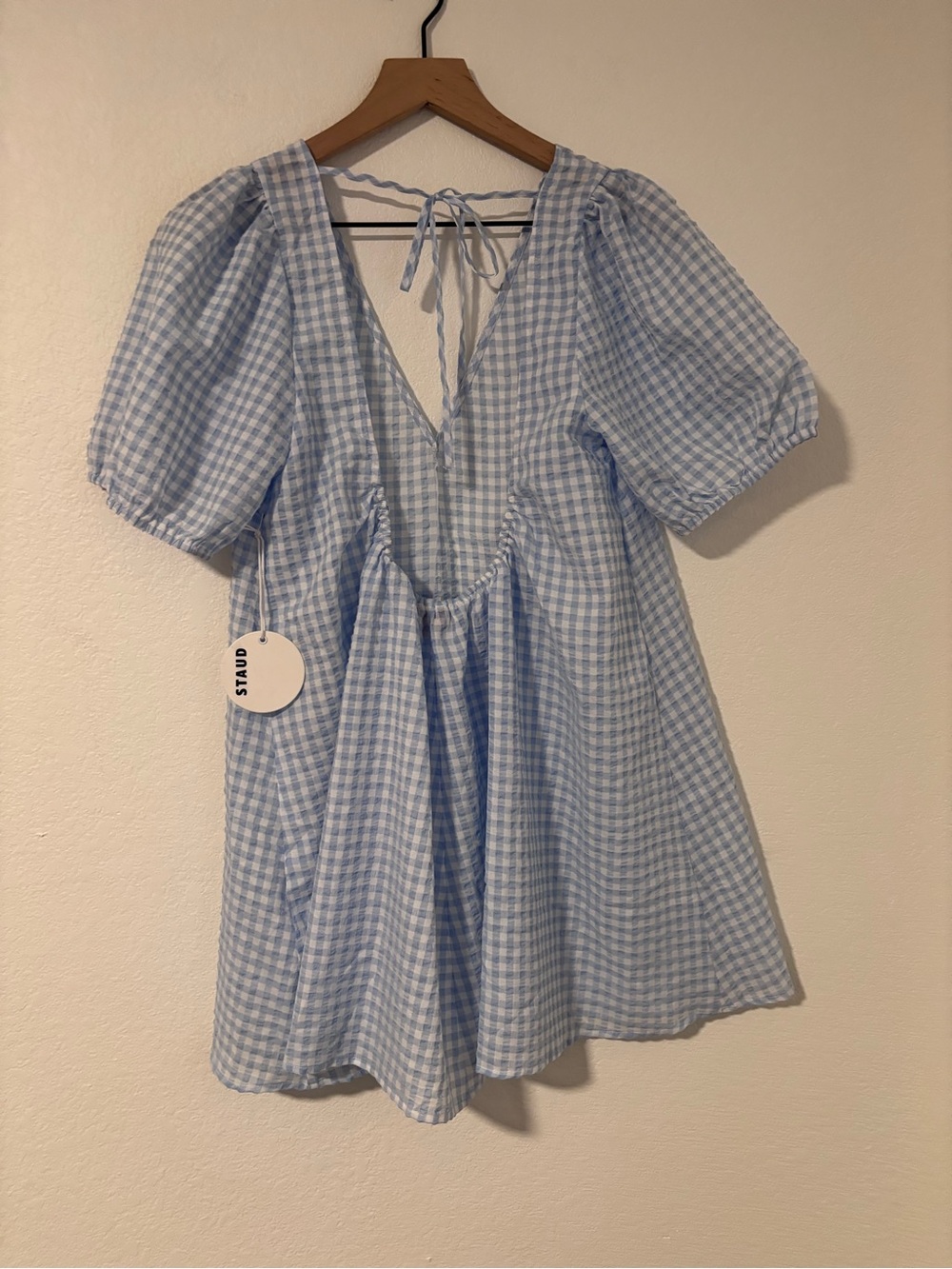 STAUD Marsh Mini Dress Sky Gingham V-Neck with Open Back Tie Size M NWT - Picture 3 of 8